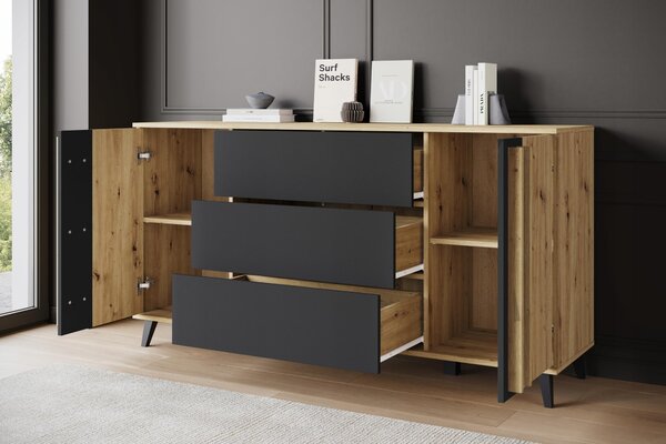 Komoda 150 cm, moderní design, 3 zásuvky a 2 skříňky, barva: tmavě šedá matná