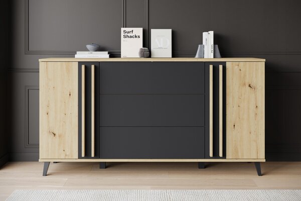 Komoda 150 cm, moderní design, 3 zásuvky a 2 skříňky, barva: tmavě šedá matná