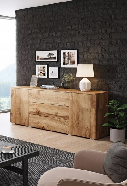 Jednoduchá komoda, 150 cm, do ložnice, se 3 zásuvkami a skříňkami, barva wotan
