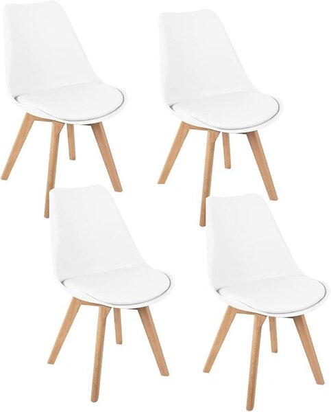 Jídelní židle, sada 4 kusů, skandinávský design, sedák z umělé kůže, nohy z masivního dřeva, čalouněné židle bez opěrek (bílé)