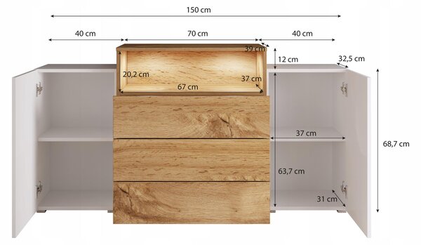 Komoda 150 cm, moderní design, 3 zásuvky, kombinace barvy wotan a bílá s lesklým povrchem