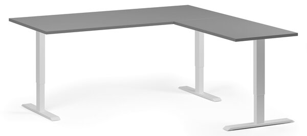 Rohový výškově nastavitelný stůl, 180x180 cm, 3 motory, L/P, bílá podnož, grafit