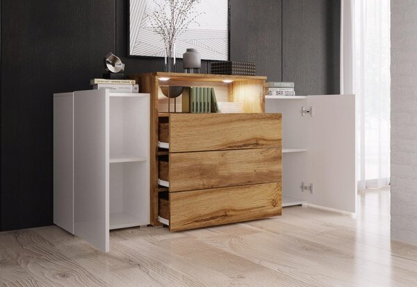 Komoda 150 cm, moderní design, 3 zásuvky, kombinace barvy wotan a bílá s lesklým povrchem