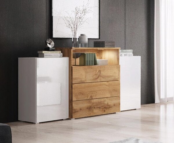 Komoda 150 cm, moderní design, 3 zásuvky, kombinace barvy wotan a bílá s lesklým povrchem