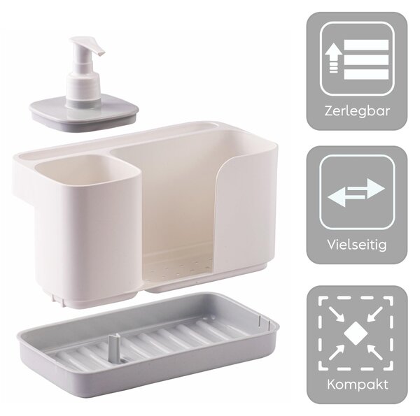 Držák na houbičky a kartáče do kuchyně, bílý a šedý | Organizér do dřezu | Dispenser na mycí prostředek | Rozměry: 21 x 12 x 18 cm | Výroba: Itálie | Bez BPA a ftalátů. – Bílá a šedá barva