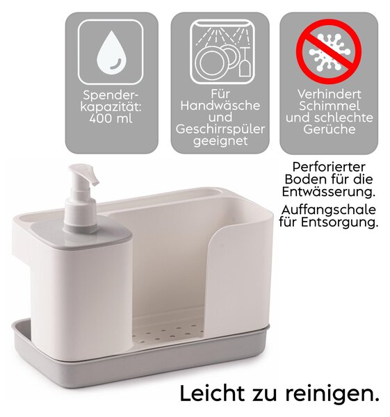 Držák na houbičky a kartáče do kuchyně, bílý a šedý | Organizér do dřezu | Dispenser na mycí prostředek | Rozměry: 21 x 12 x 18 cm | Výroba: Itálie | Bez BPA a ftalátů. – Bílá a šedá barva