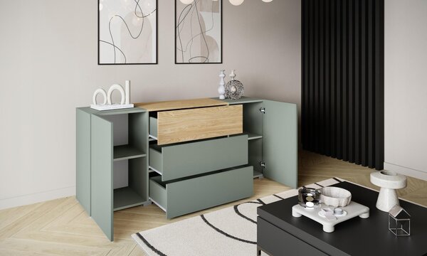 Moderní komoda, výška 150 cm, stojící, s 3 zásuvkami a 2 skříňkami, matný povrch