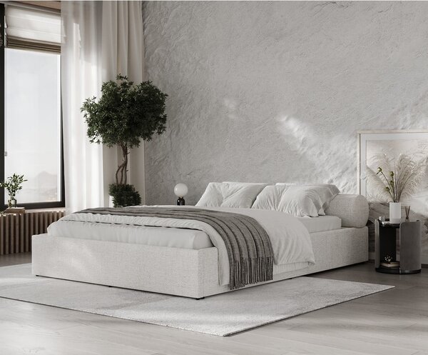 Krémová čalouněná dvoulůžková postel s úložným prostorem s roštem 160x200 cm Solvo – Maison de Rêve