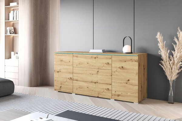 Moderní komoda o šířce 150 cm do obývacího pokoje, s 3 zásuvkami a 2 skříňkami, barva dýha "artisan"