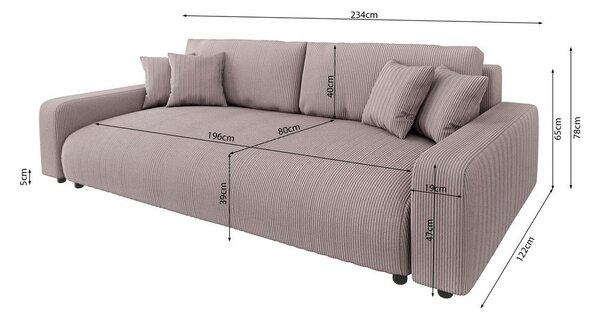 Světle růžová manšestrová rozkládací/s úložným prostorem pohovka 234 cm Sara – Ropez