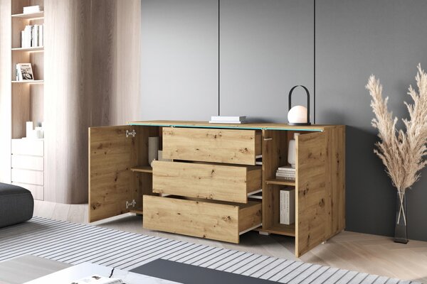 Moderní komoda o šířce 150 cm do obývacího pokoje, s 3 zásuvkami a 2 skříňkami, barva dýha "artisan"