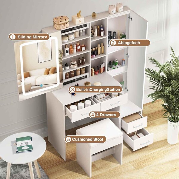 Kosmetický stolek Zimilo s LED posuvným zrcadlem a stoličkou, moderní set s zásuvkami, 4 zásuvkami a velkým úložným prostorem pro kosmetiku, bílý