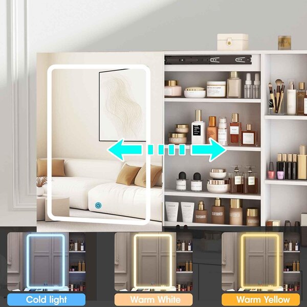 Kosmetický stolek Zimilo s LED posuvným zrcadlem a stoličkou, moderní set s zásuvkami, 4 zásuvkami a velkým úložným prostorem pro kosmetiku, bílý