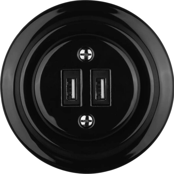 Bohemia-Design - Porcelánová retro USB napájecí zásuvka s rámečkem 2xUSB-A černá