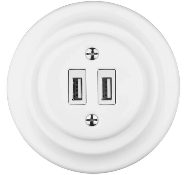Bohemia-Design - Porcelánová retro USB napájecí zásuvka s rámečkem 2x USB-A bílá
