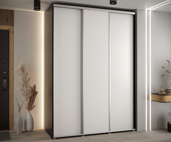 Šatní skříň s posuvnými dveřmi DAVOS 170cm | Černá / bílá / stříbrné pojezdy