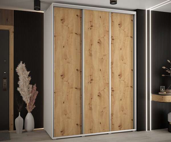 Šatní skříň s posuvnými dveřmi DAVOS 170cm | Bílá / DUB Artisan / stříbrné