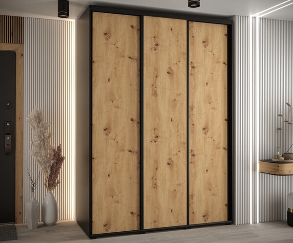 Šatní skříň s posuvnými dveřmi DAVOS 170cm | Černá / DUB Artisan / černé pojezdy