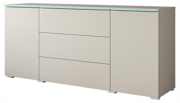 Komoda o šířce 150 cm do obývacího pokoje, s 3 zásuvkami a 2 skříňkami, barva kašmír, béžová, s LED osvětlením