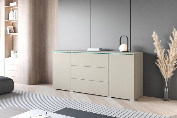 Komoda o šířce 150 cm do obývacího pokoje, s 3 zásuvkami a 2 skříňkami, barva kašmír, béžová, s LED osvětlením