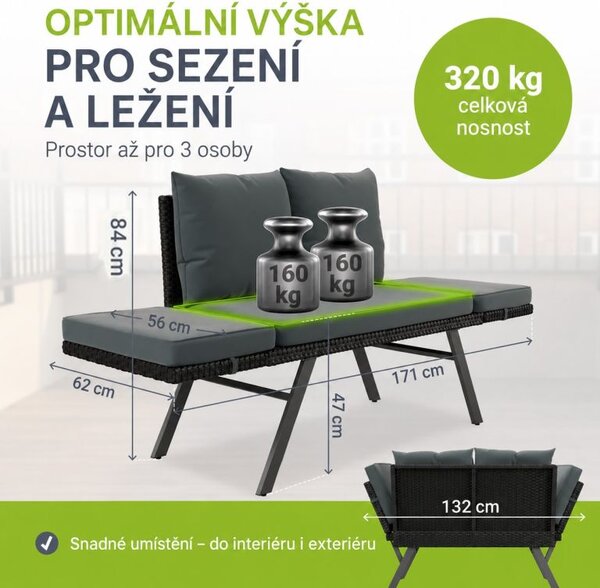 Zahradní lavice a lehátko z polyratanu 2v1, černá/šedá