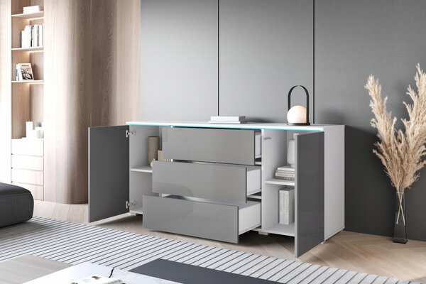 Komoda o šířce 150 cm do obývacího pokoje, s 3 zásuvkami a 2 skříňkami, bílá/šedá, lesklá