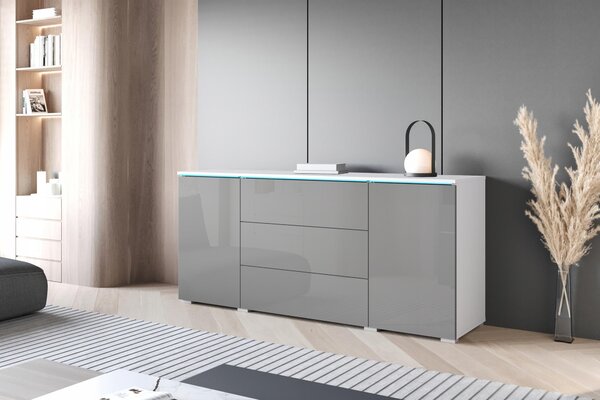 Komoda o šířce 150 cm do obývacího pokoje, s 3 zásuvkami a 2 skříňkami, bílá/šedá, lesklá
