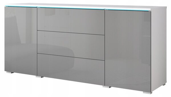Komoda o šířce 150 cm do obývacího pokoje, s 3 zásuvkami a 2 skříňkami, bílá/šedá, lesklá