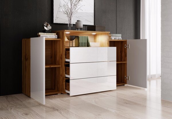 Komoda 150 cm, moderní design, 3 zásuvky, kombinace barvy wotan a bílá s lesklým povrchem