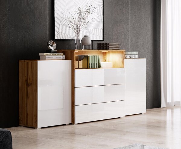 Komoda 150 cm, moderní design, 3 zásuvky, kombinace barvy wotan a bílá s lesklým povrchem