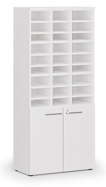 Třídicí regál s dveřmi PRIMO WHITE, 800 x 420 x 1781 mm, 27 přihrádek, bílá