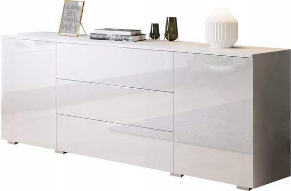 Komoda 150 cm, vhodná do ložnice, se 3 zásuvkami a skříňkami, bílá, matná/lesklá