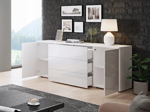 Komoda 150 cm, vhodná do ložnice, se 3 zásuvkami a skříňkami, bílá, matná/lesklá
