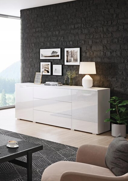 Komoda 150 cm, vhodná do ložnice, se 3 zásuvkami a skříňkami, bílá, matná/lesklá