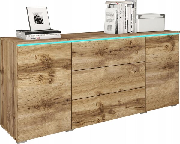 Moderní komoda o šířce 150 cm do obývacího pokoje, s 3 zásuvkami a 2 skříňkami, povrchová úprava wotan mat
