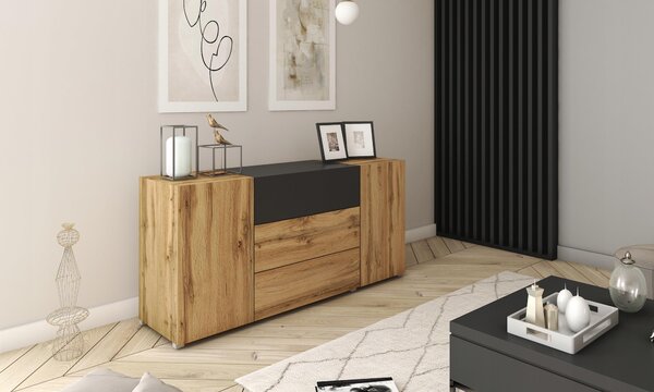 Komoda o šířce 150 cm do obývacího pokoje, 3 zásuvky, 2 skříňky, barva: wotan/matná černá