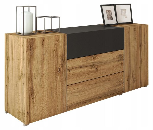 Komoda o šířce 150 cm do obývacího pokoje, 3 zásuvky, 2 skříňky, barva: wotan/matná černá