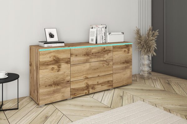 Moderní komoda o šířce 150 cm do obývacího pokoje, s 3 zásuvkami a 2 skříňkami, povrchová úprava wotan mat