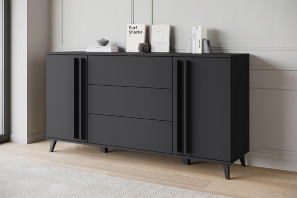 Komoda, šířka 150 cm, moderní design, 3 zásuvky a 2 skříňky, matná černá barva