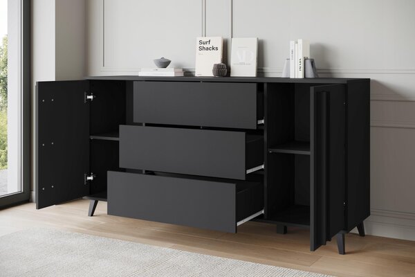 Komoda, šířka 150 cm, moderní design, 3 zásuvky a 2 skříňky, matná černá barva