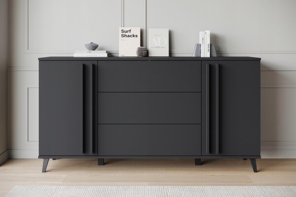 Komoda, šířka 150 cm, moderní design, 3 zásuvky a 2 skříňky, matná černá barva