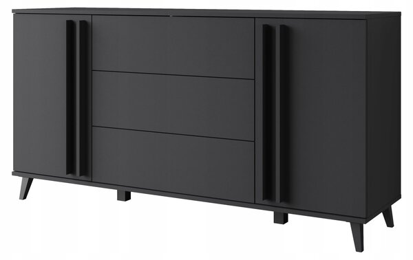 Komoda, šířka 150 cm, moderní design, 3 zásuvky a 2 skříňky, matná černá barva