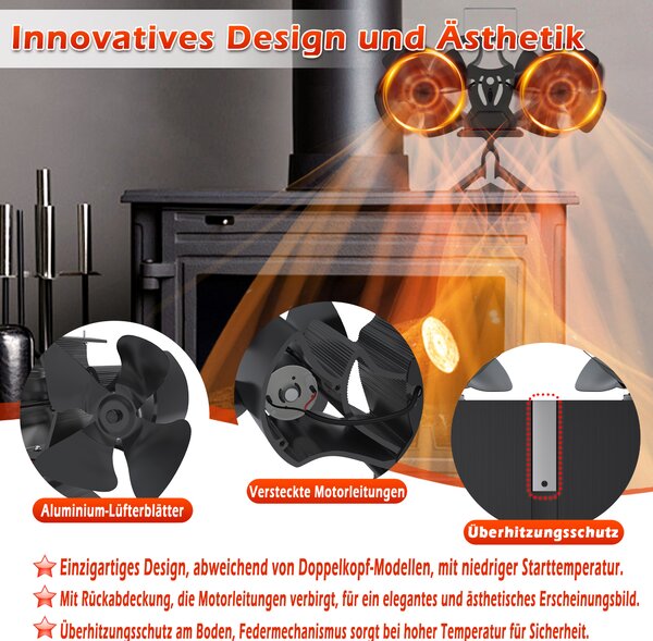 UISEBRT 8-lopatkový dvouhlavý komínový ventilátor, tichý ventilátor na kamna s otočnou konstrukcí, hliníkový ventilátor na kamna, komínový ventilátor s cirkulací tepla