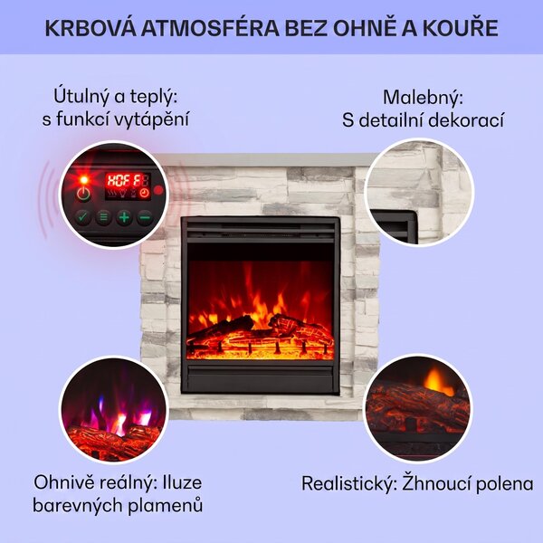 Klarstein Dekorativní krb s LED plameny, elektrický krb s ohřívačem, 1800W elektrický krb, úsporný elektrický krb, nástěnný krb s dálkovým ovládáním a časovačem, elektrické krby s krytem z polystonu