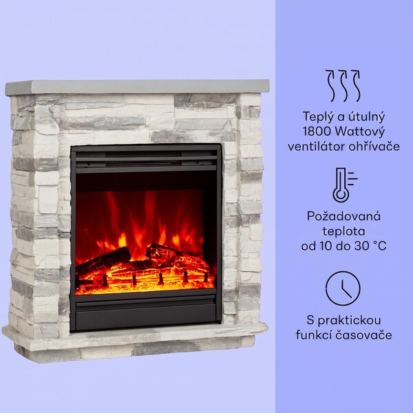 Klarstein Dekorativní krb s LED plameny, elektrický krb s ohřívačem, 1800W elektrický krb, úsporný elektrický krb, nástěnný krb s dálkovým ovládáním a časovačem, elektrické krby s krytem z polystonu