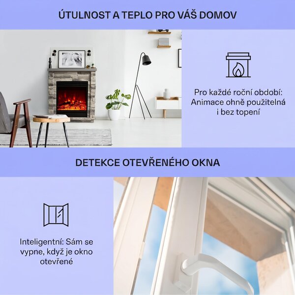 Klarstein Dekorativní krb s LED plameny, elektrický krb s ohřívačem, 1800W elektrický krb, úsporný elektrický krb, nástěnný krb s dálkovým ovládáním a časovačem, elektrické krby s krytem z polystonu