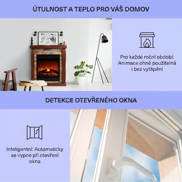 Klarstein Dekorativní krb s LED plameny, elektrický krb s ohřívačem, 1800W elektrický krb, úsporný elektrický krb, nástěnný krb s dálkovým ovládáním a časovačem, elektrické krby s krytem z polystonu