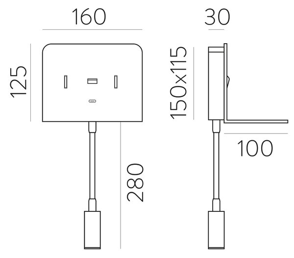 ACB Iluminacion Nástěnné LED svítidlo CALMA, 6W + 3W, CRI90, 2x vstup USB a USBC Barva: Černá