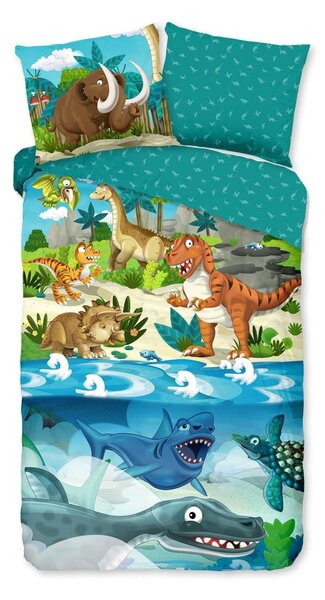 Modré bavlněné dětské povlečení na jednolůžko/prodloužené 140x220 cm Prehistoric – Good Morning