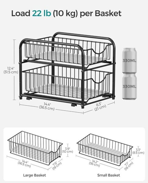 Organizér do skříňky 2patrový s výsuvnými koši, černý kovový